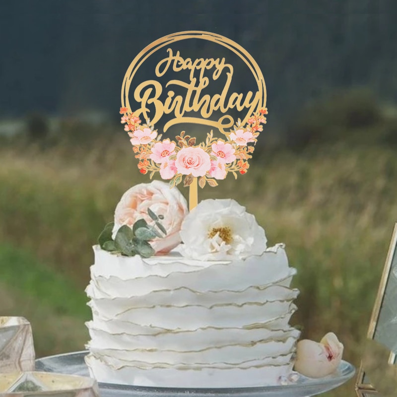 1,3pcs Acrylic Happy Birthday Cake Topper Gold Butterfly Flower Cake Flag Insert Card[A00108132] : 지니마블