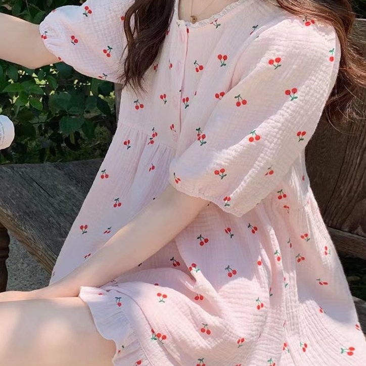 수입 여성 잠옷 파자마 여름 반소매 면사 체리 귀여운 면 대마 홈 웨어 점 세 파티 러블리 : Moonk