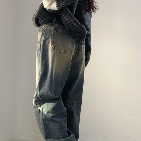 색감깡패 빈티지 워싱 오버핏 딥 브러쉬 롱 와이드 데님 팬츠-맥아이데님팬츠 : 키키러브