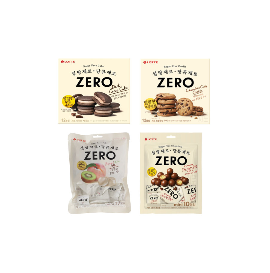롯데 ZERO 4종세트(크런치초코볼 140g, 카카오케이크 171g, 초콜릿칩쿠키 168g, 후르츠젤리 238g) : 이레마켓몰