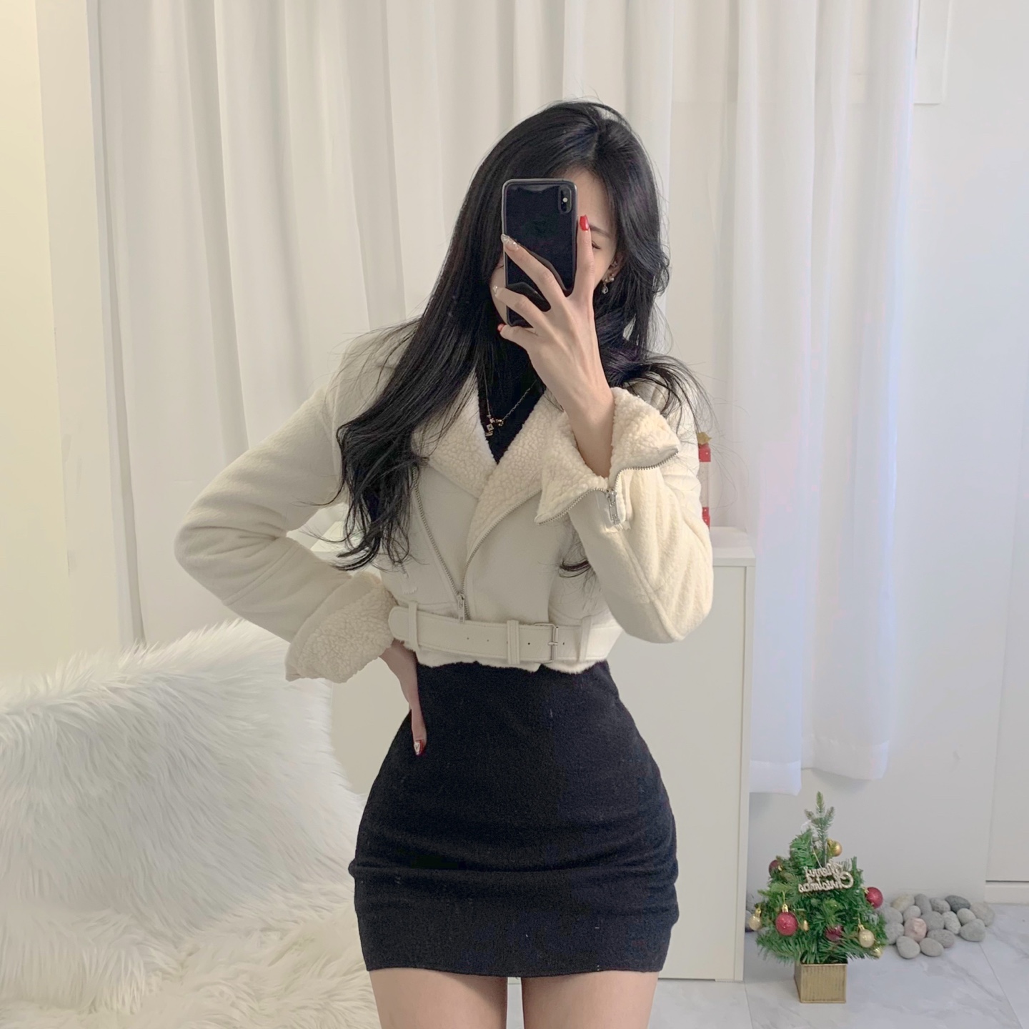 [자체제작/쁠리ver2] 털빠짐 없는 울혼방 모직 양털 안감 쁠리 매력 여신 크롭 벨트 라이더 슬림핏 크롭 무스탕 : 럽라인