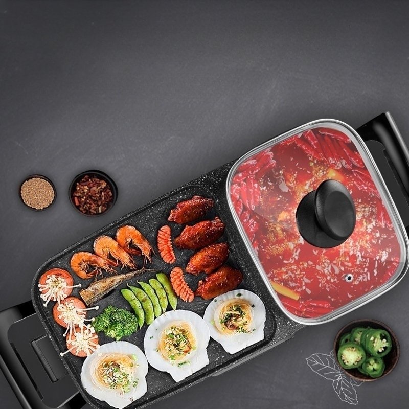 샤브샤브 바베큐 일체형 냄배 구이 찌개 올인원 냄비 훠궈 고기구이 사카에스타 가정용 불고기 전골 2-in-1 전기 그릴 논스틱 전용 프라이팬... 