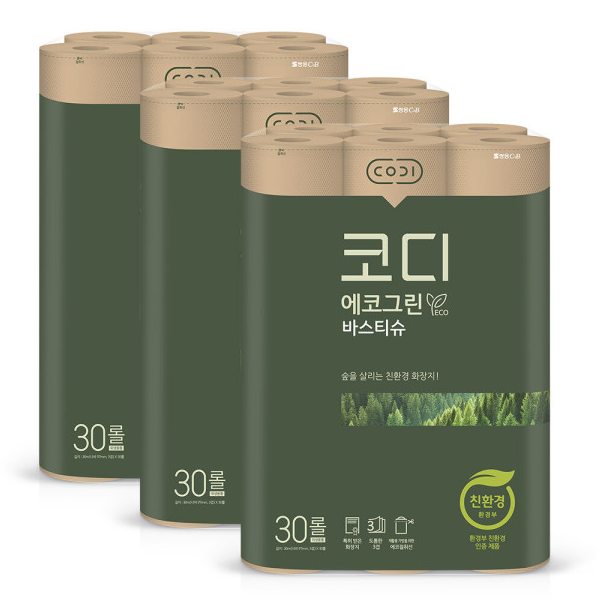 코디 에코그린 3겹 30롤x3팩 [3팩(90롤)] : 티에스shop