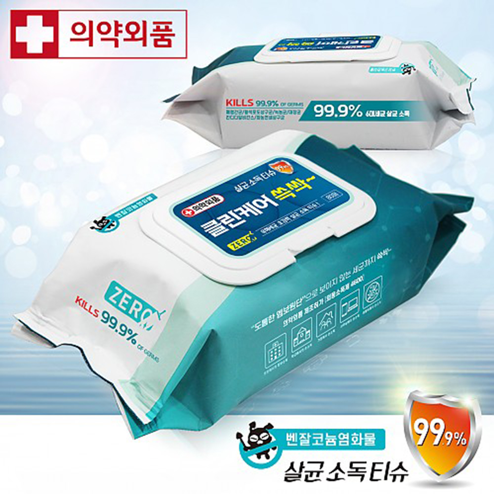 의약외품 99.9% 항균 클린케어 쓱싹 살균 세정 일회용 손 소독 알콜 티슈 80매 : BellaDolce