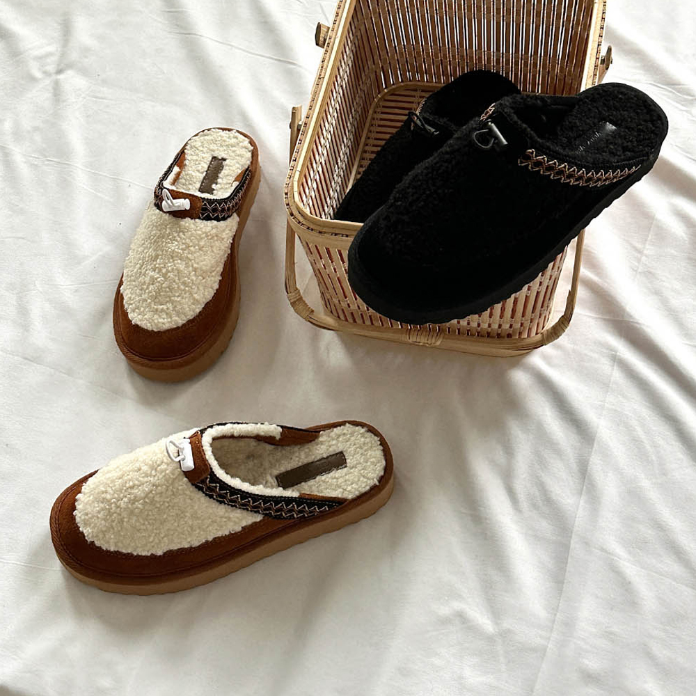 스트링 소가죽 퍼안감 슬리퍼 (2cm, 블랙 카멜) : 메리제인슈즈