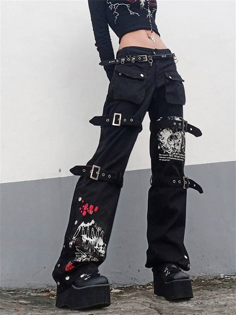 고딕 Y2K Emo 바지 카고 블랙 로우 허리 671341N4942078906 : vanillamall