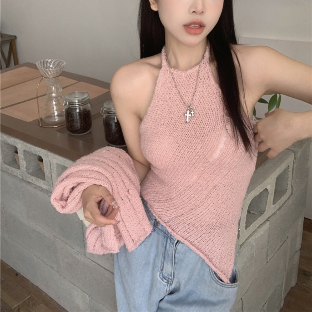 아르 페미닌 홀터넥 민소매 오프숄더 긴팔 니트 가디건 세트 (아이보리, 핑크, 민트) : 디얼 뮤즈