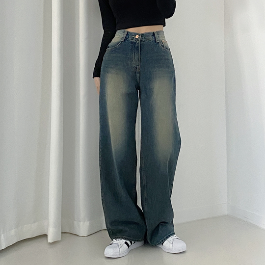 워싱 예쁜, 고퀄 오버핏 딥 브러쉬 진청 롱 와이드 데님 팬츠]어도어팬츠 : 키키러브