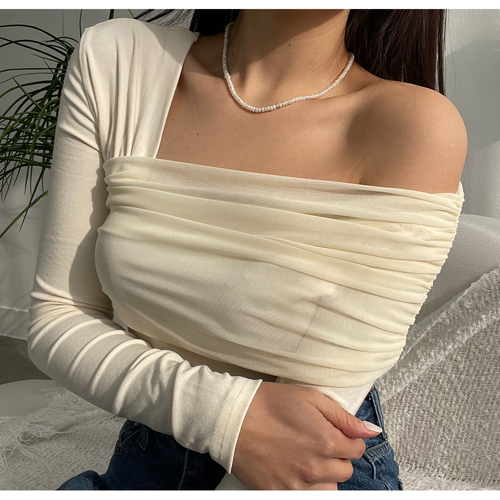 언발 이너 포스터 오프숄더 원숄더 셔링 티셔츠 : 웜스 warmth
