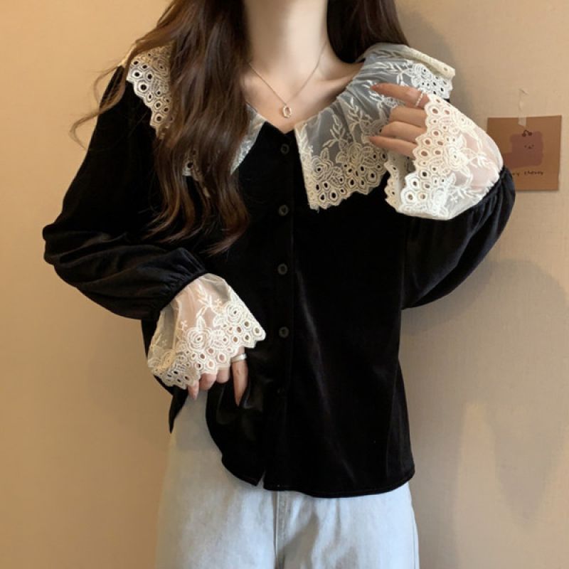 빅사이즈 벨벳 블라우스 레이스넥 : sunnny1004
