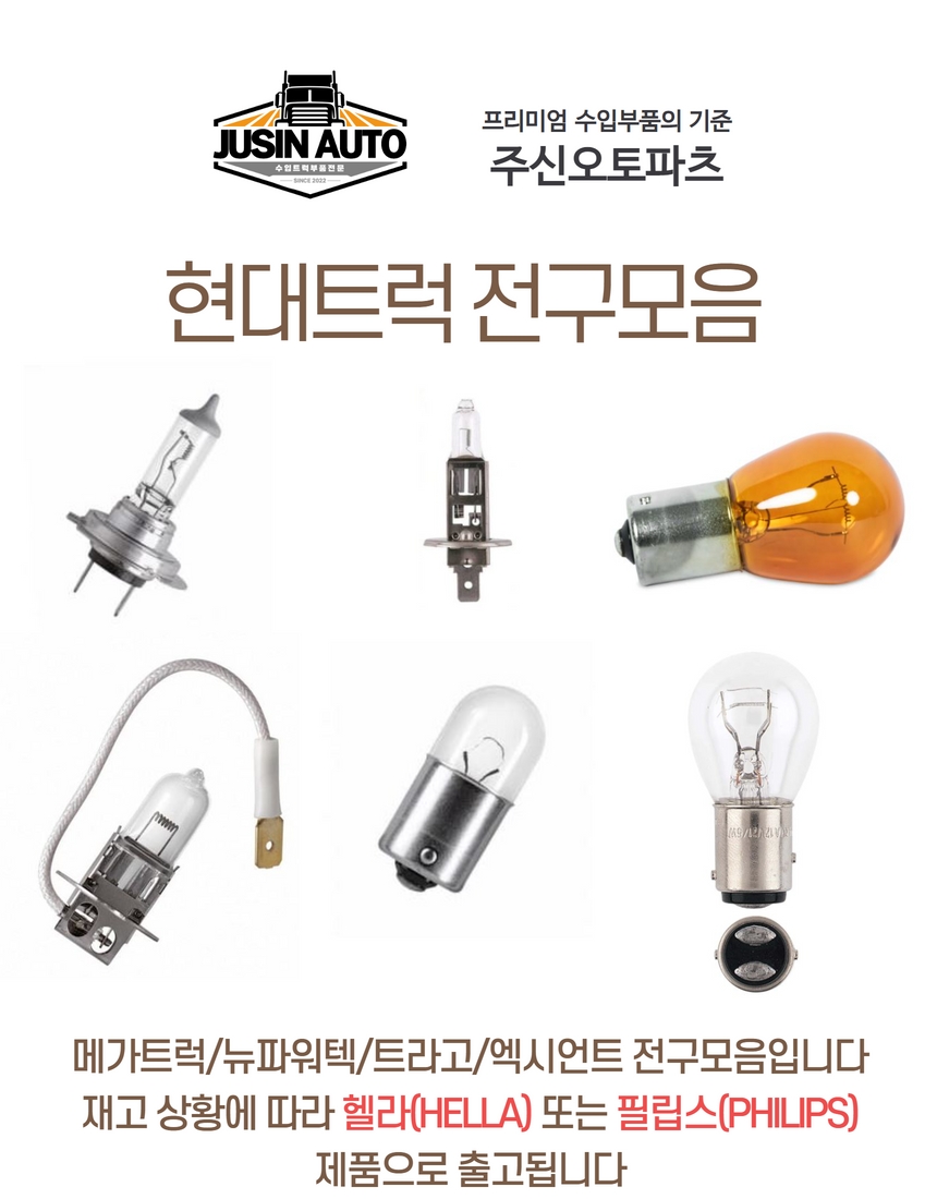 현대트럭 전구모음 엑시언트 트라고 뉴파워텍 메가트럭 라이트전구 안개등전구 미등전구 번데기전구 데루등전구 싱글전구 24V : 주신오토