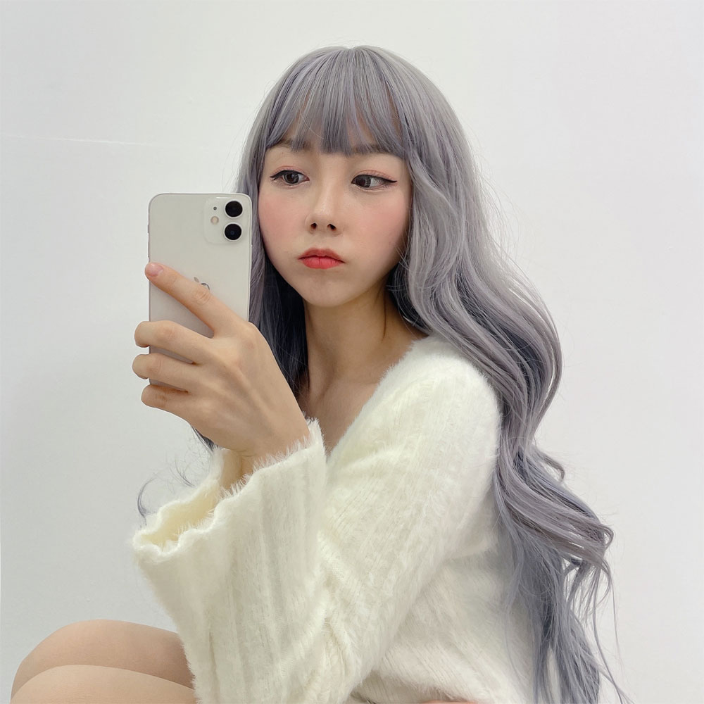 애쉬 그레이 퍼플 브릿지 파마 에스컬 웨이브 패션 로리타 코스프레 통가발 : 루나미니