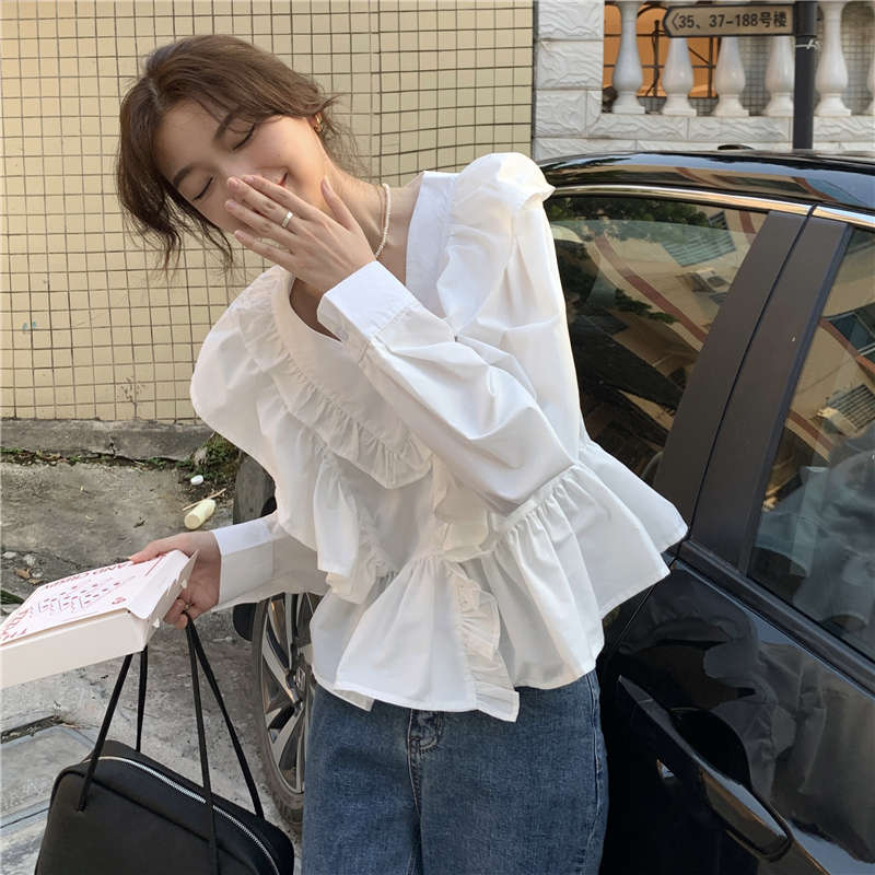 프릴 블라우스 봄 셔츠 직장 화이트 앙증맞은 시크플레어루즈 여름프렌치브이넥숏디자인상의여 : 키즈캐슬1