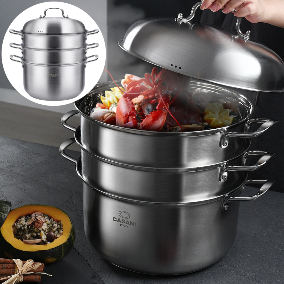 까사니 쿠치나 대형 스텐 3단 찜기 인덕션 호빵 만두 조개찜 킹크랩 찜솥 스티머 36cm : 써니하우스몰