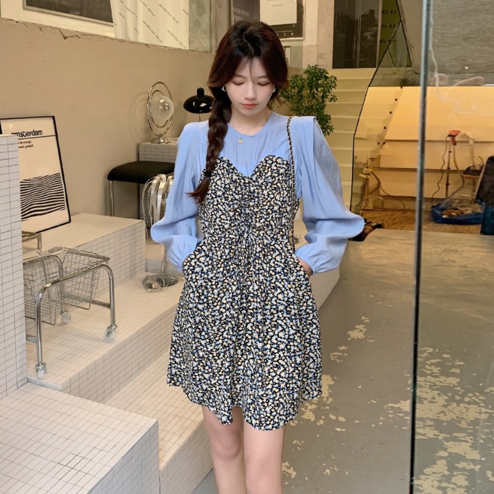 봄 플라잉 소매 가슴 밴딩 셔링 새내기 투피스 느낌의 스위티 플라워 원피스 : 이안에샵