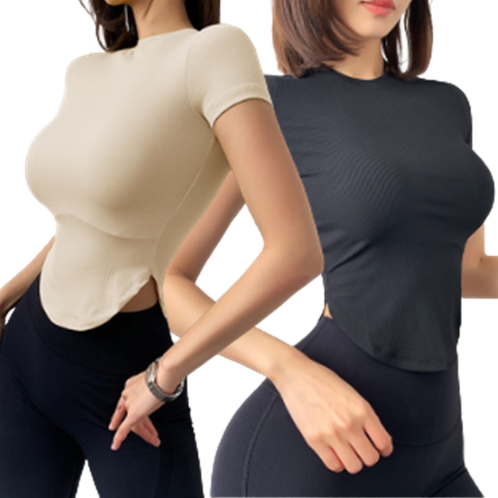 반팔요가복 필라테스티셔츠 허리쏙 크롭 슬림 몸매보정 스판 머슬핏 쿨링 누드촉감 : 머슬앤뷰티