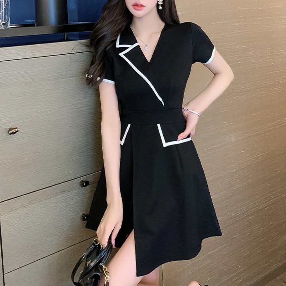 엘르리 시크 차도녀룩 슬림핏 반팔 A라인 다리앞트임 블랙미니원피스+ 블랙반바지 셋업 : 에이멀