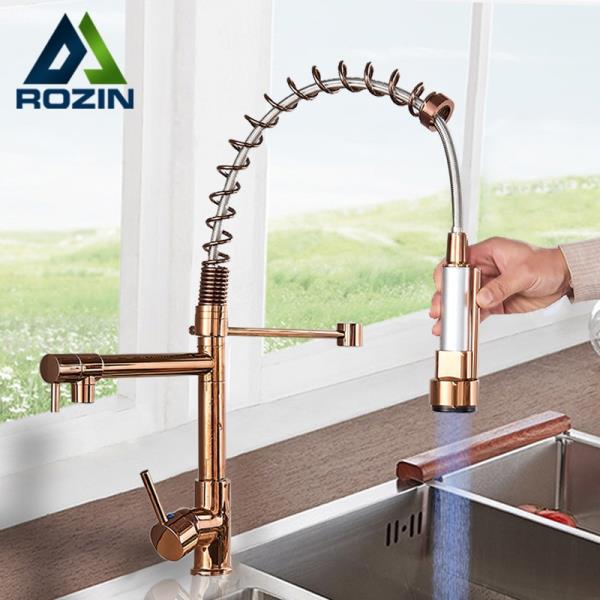 Roxin-LED 라이트 주방 수도꼭지, 로즈 골드 LED 풀다운 스프링 듀얼 스위블 스파우트 크레인, 뜨거운 냉수 믹서 탭 : 온돌샵