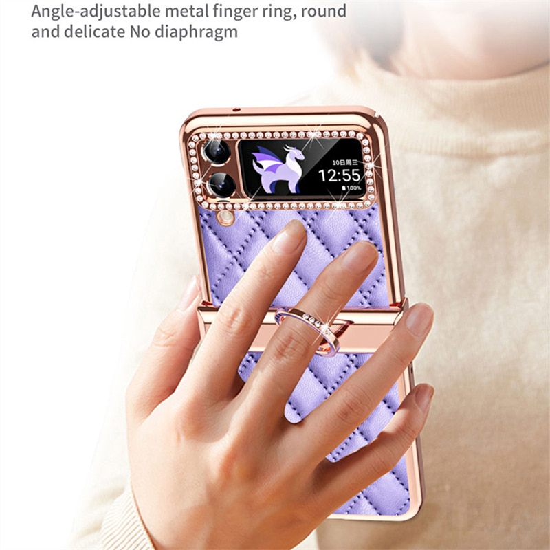 z플립 케이스 4 3 2 귀여운 다이아몬드 링 스탠드 전화 삼성 호환 갤럭시 Z 플립 커버 홀더 ZFlip4 일반 색상 가죽 쉘 : 포온지마켓