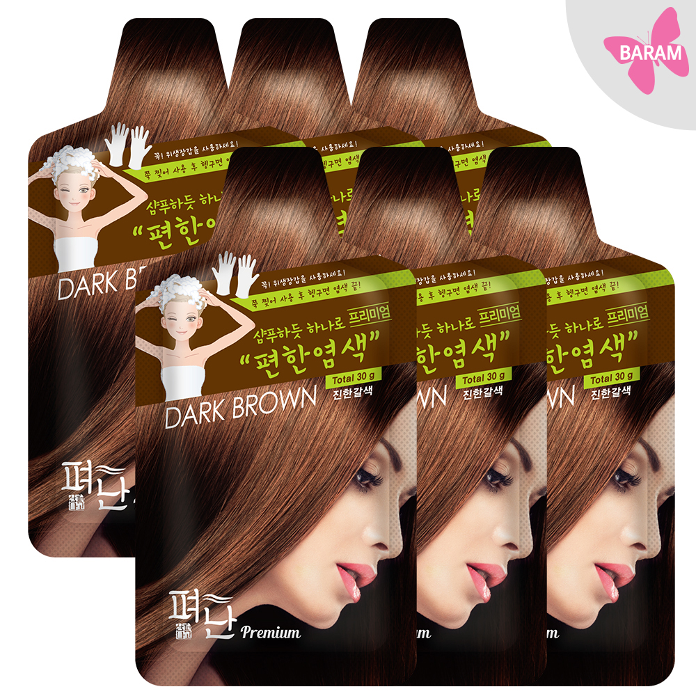 펴난 편한 새치 염색 6매입/ 진한갈색 다크브라운 염색/ 흰 머리 염색/ 짧은머리 단발머리 염색 : 바람라이브