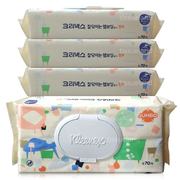 크리넥스 잘닦이는 엠보싱 물티슈 점보 캡형 70매 x4개 : 티슈랜드