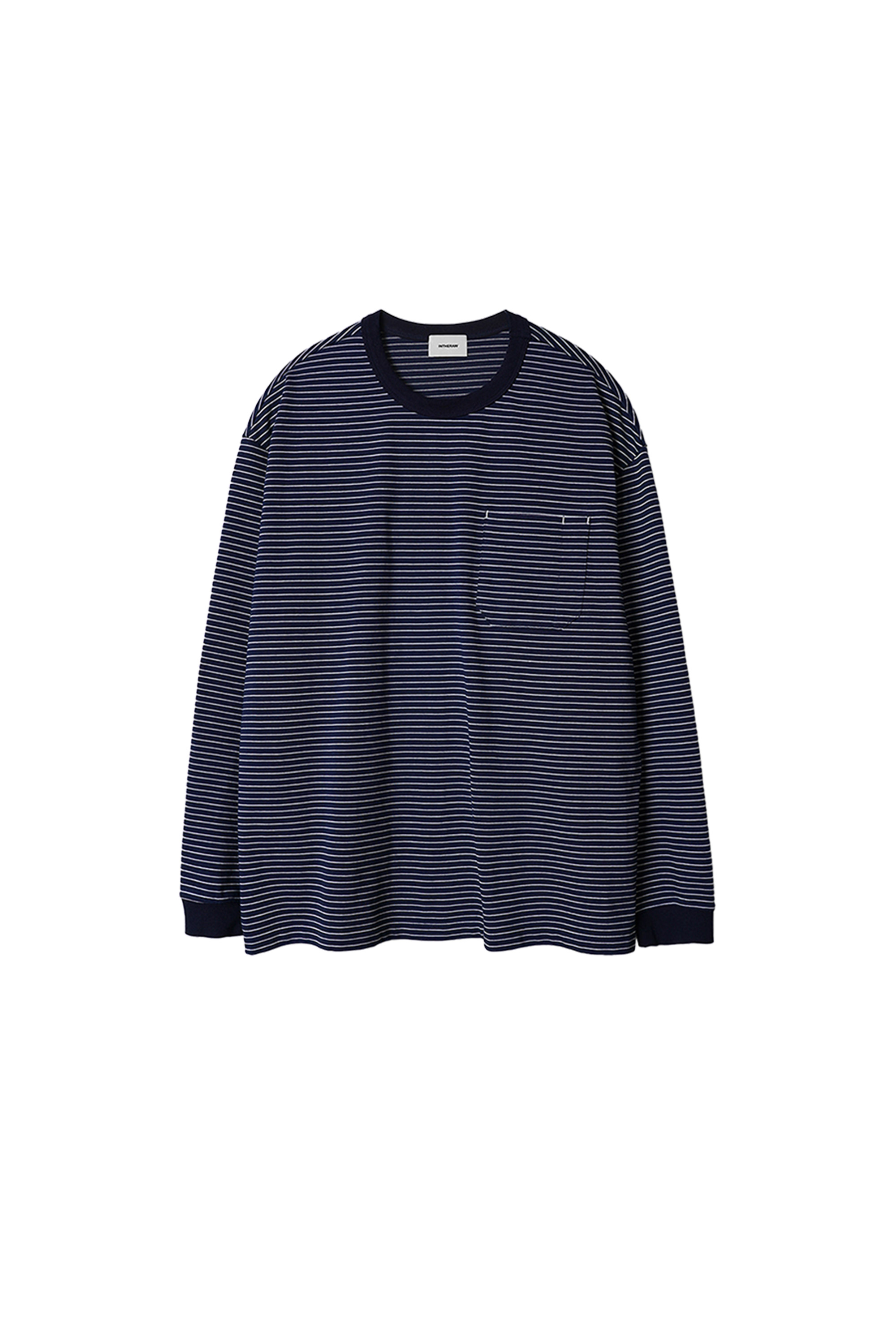 [INTHERAW] Stripe Crew Panel Long Sleeves Deep Navy, 인더로우 스트라이프 크루 패널 롱슬리브 : 어데케이드