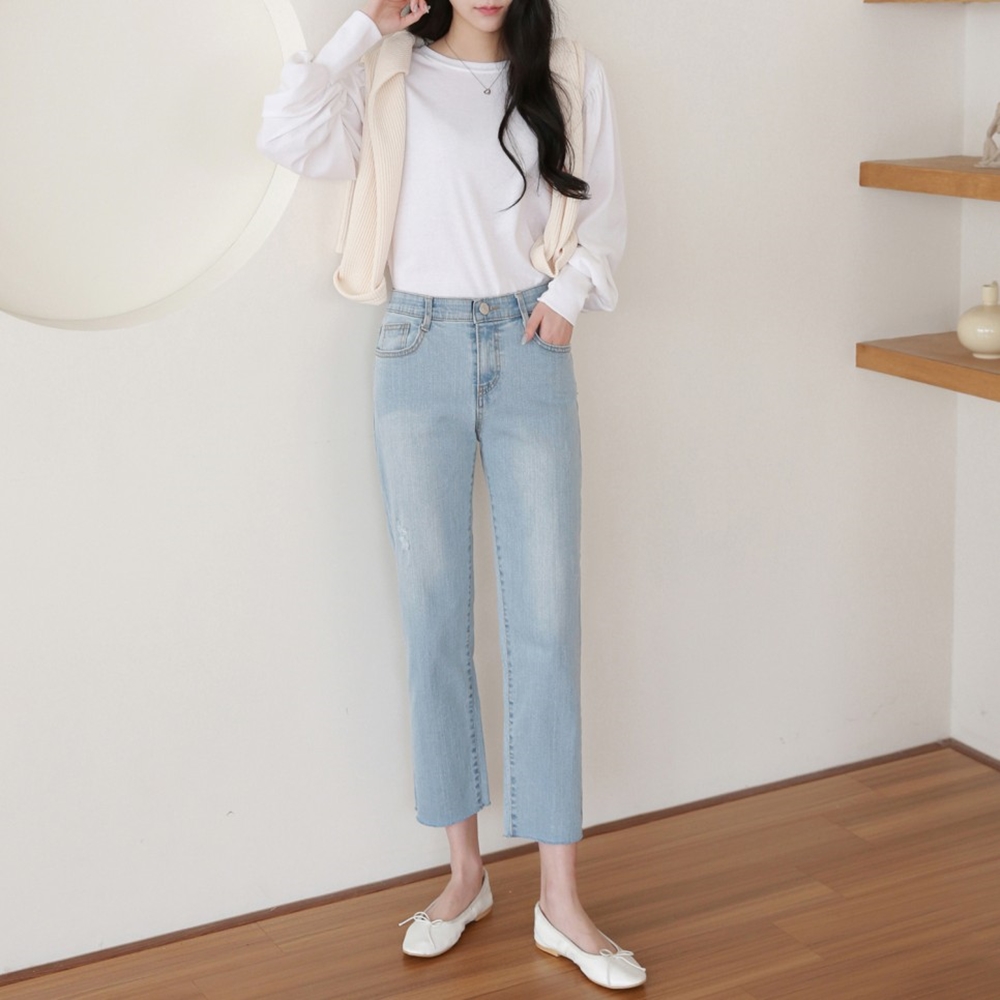 키작녀청바지 밴딩 일자청바지 여성 봄 가을 크롭 9부 스판 연청 데님 팬츠 : 19써니