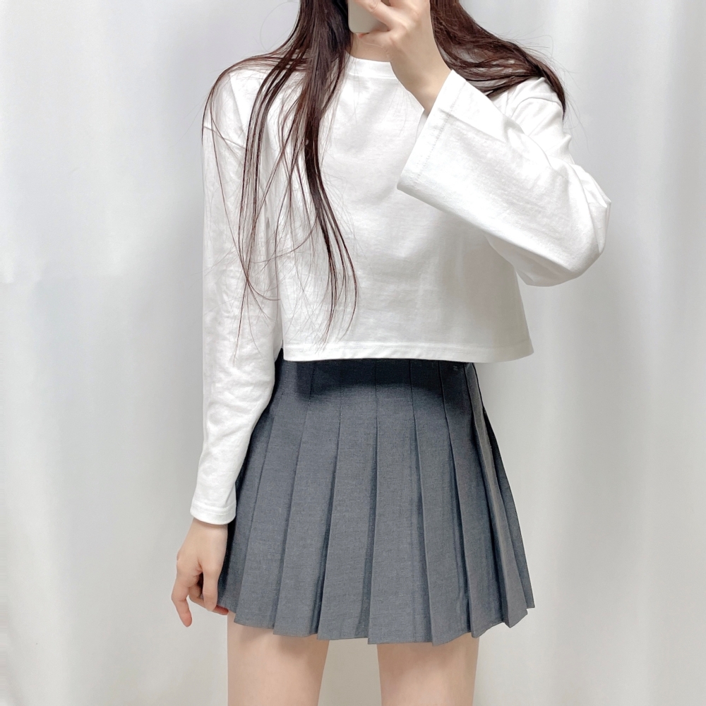 코튼 루즈핏 긴팔 크롭티 라운드넥 기본 베이직 티셔츠 : 제니블