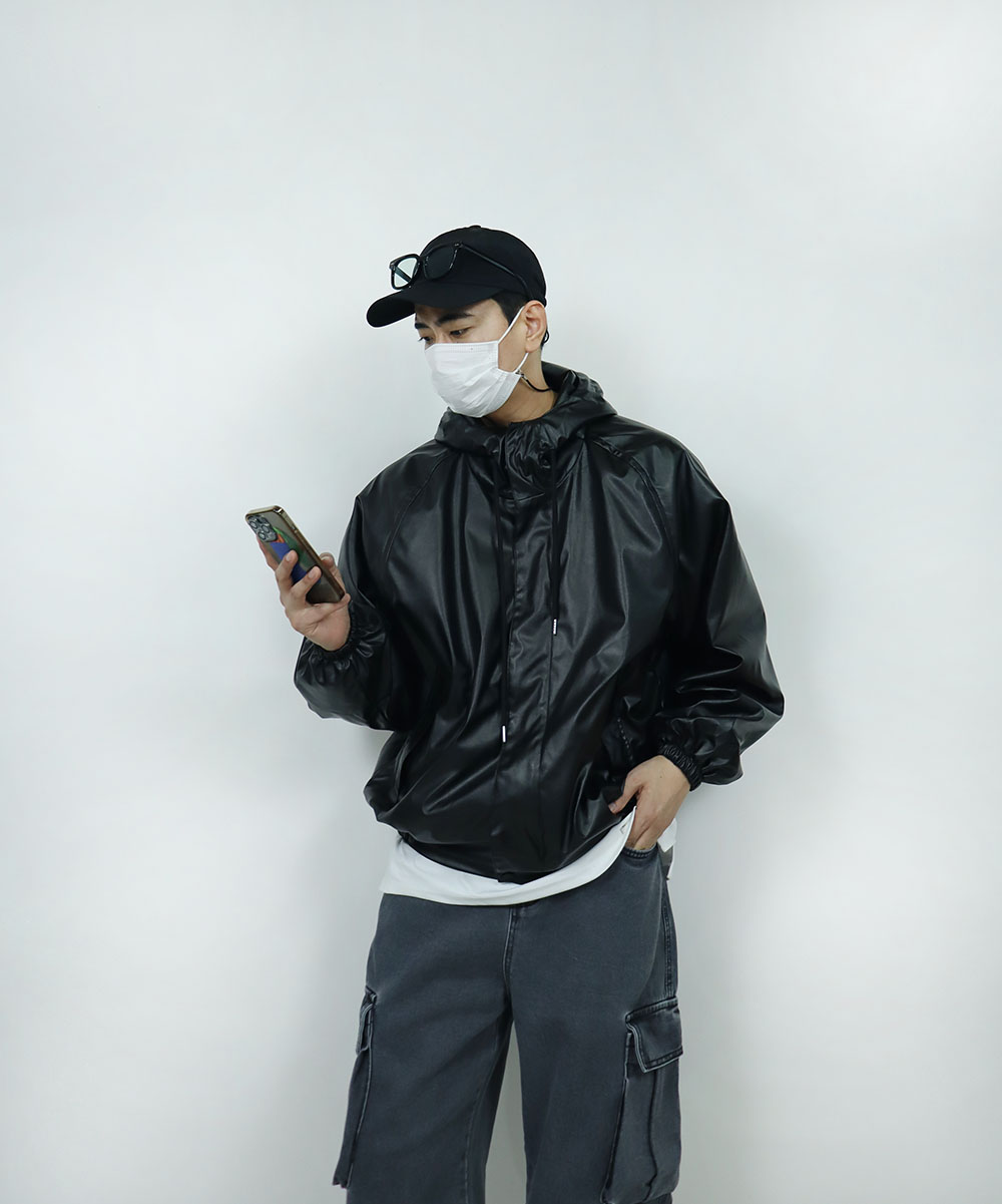 봄 바람막이 오버핏 남자 레더 후드 점퍼 : YULL