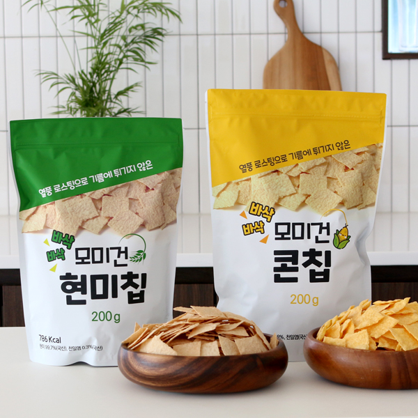 기름에 튀기지 않고 열풍 로스팅으로 만든 건강 비건 스넥 현미칩 100g X 2봉 + 콘칩 100g X  2봉 : 지브로와