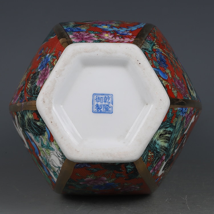 거실인테리어 집들이 Qianlong-에나멜 오렌지 꽃과 새 육각 꽃병 골동품 Jingdezhen 도자기 홈 어 장식 : 시아몰시아몰