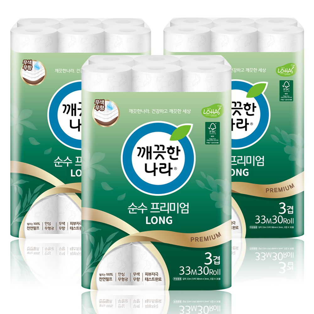깨끗한나라 순수프리미엄 3겹 33m 30롤 x 3팩 : 티에스shop