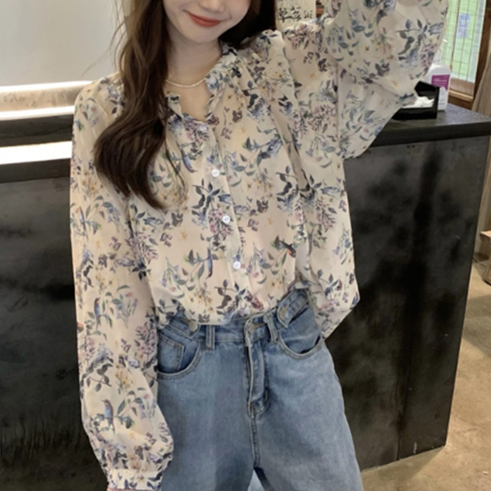 시스루블라우스 긴팔 쉬폰 셔링 플라워 하객룩 블라우스 : 나미오