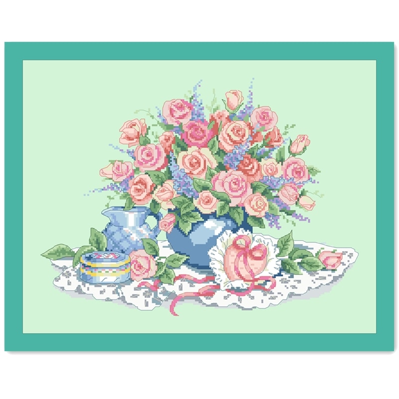 로즈 러브 크로스 스티치 키트 꽃 14ct 라이트 그린 캔버스 패브릭 코튼 스레드 자수 diy 수제 바느질 작업 : HAPPY연구소