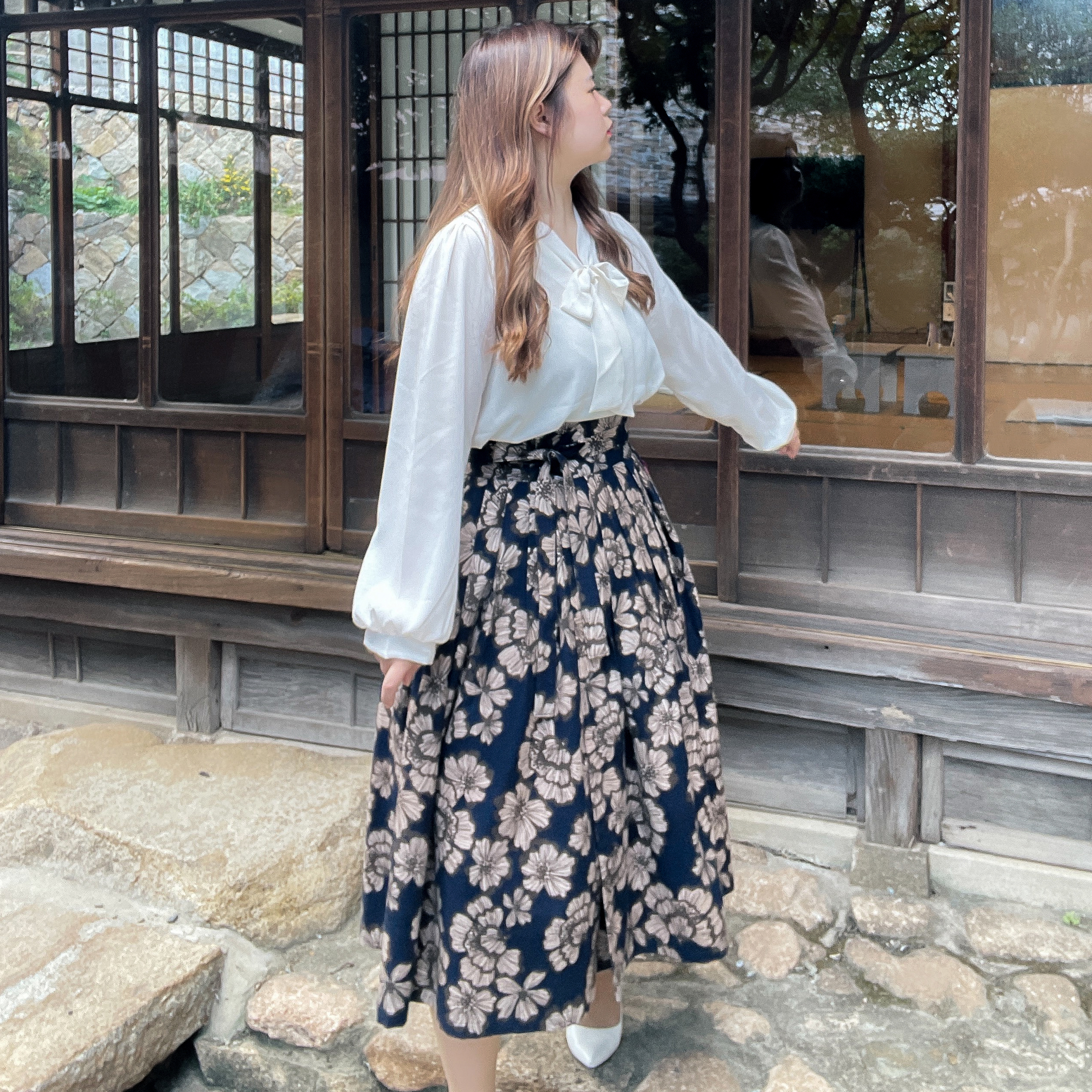 수수한 골드 플라워 생활한복 기모 허리치마 : 수수한