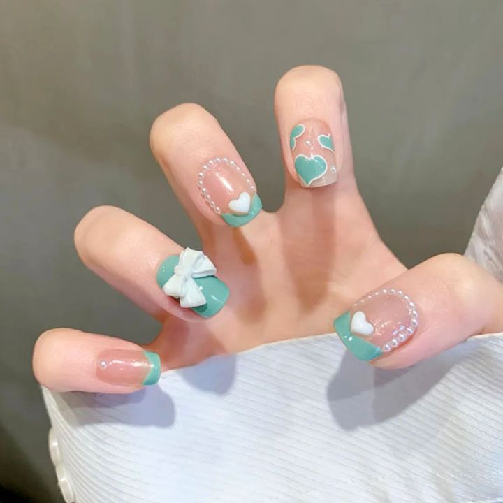 걸스코코 네일팁 하트리본진주파츠 셀프네일아트 붙이는 젤네일 인조손톱 NAIL-N307 : 걸스코코