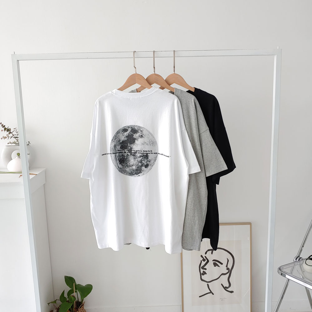 여름 풀문 레터링 달 프린트 루즈핏 반팔티셔츠 데일리룩 ootd 꾸안꾸 화이트 그레이 블랙 : 메이룸의정부