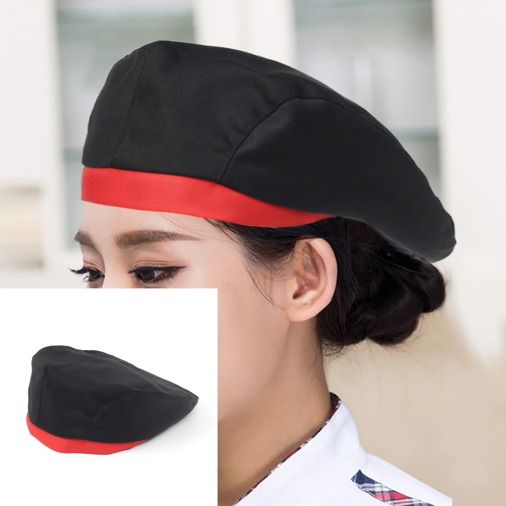 베레모 주방모자 블랙+레드 깔끔한모자 바리스타 : 텐피규어