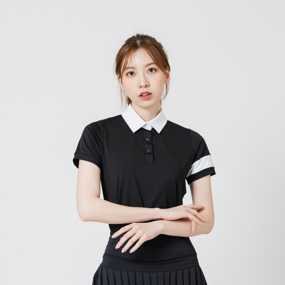 여성 골프 카라티 배색 반팔 골프웨어 골프복 : 제이엘리제이