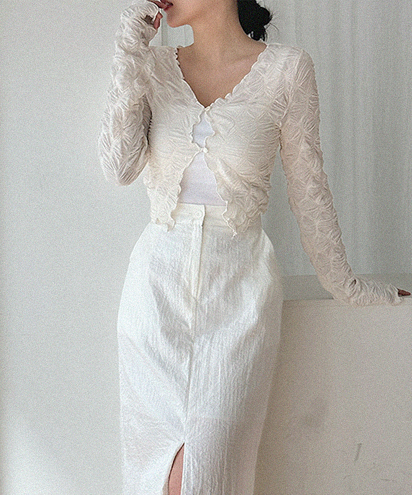쿨링 물결 셔링 주름 v넥 트임 레이스 시스루 투버튼 크롭 가디건 (무료배송) : 그린블로썸