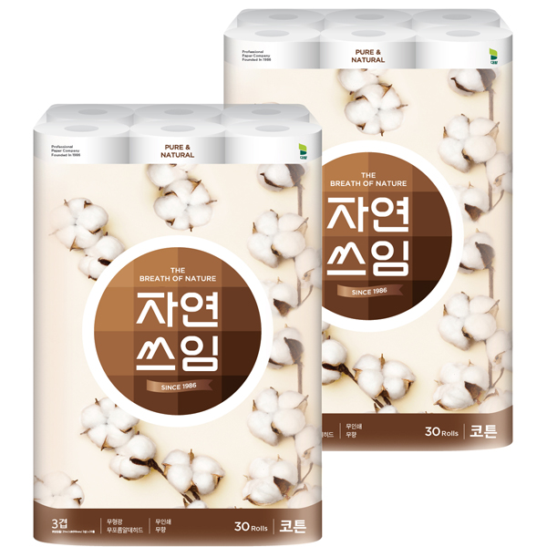 더 도톰한 자연쓰임 코튼 무형광 화장지 3겹 27m 30롤 2팩, 총 60롤 : 주식회사 대왕
