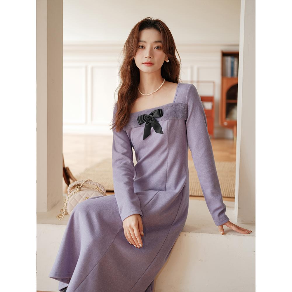 데일리 연보라 롱 원피스 아이창위애완동물 판권대 스퀘어 넥 퍼플 니트 : 엘리아