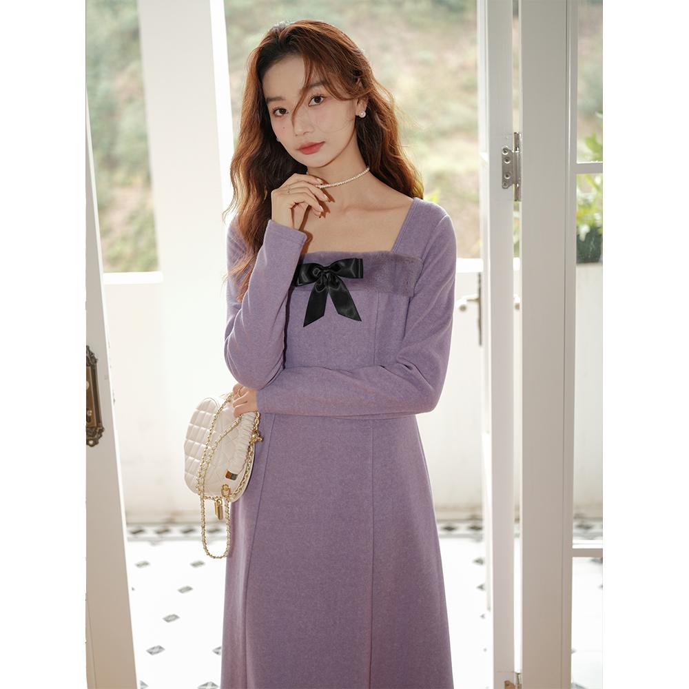 데일리 연보라 롱 원피스 아이창위애완동물 판권대 스퀘어 넥 퍼플 니트 : 엘리아