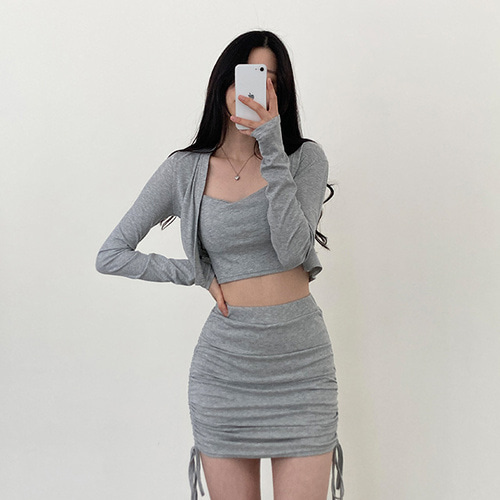 몽투 슬림 크롭 나시탑+골지 볼레로 긴팔 가디건+셔링 밴딩 미니 스커트 set (2color) [여름신상/코디세트/쫀쫀/볼레로티/바캉스룩/피크닉]... 