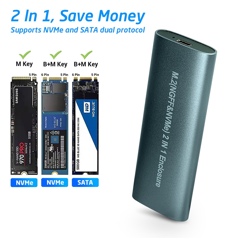 듀얼프로토콜 외장 하드 변환 젠더 M2 SSD 케이스 인클로저 NVME SATA 듀얼 프로토콜 M.2 to USB 타입 C 3.1 어댑터 RTL9210B PCIE NGFF... 