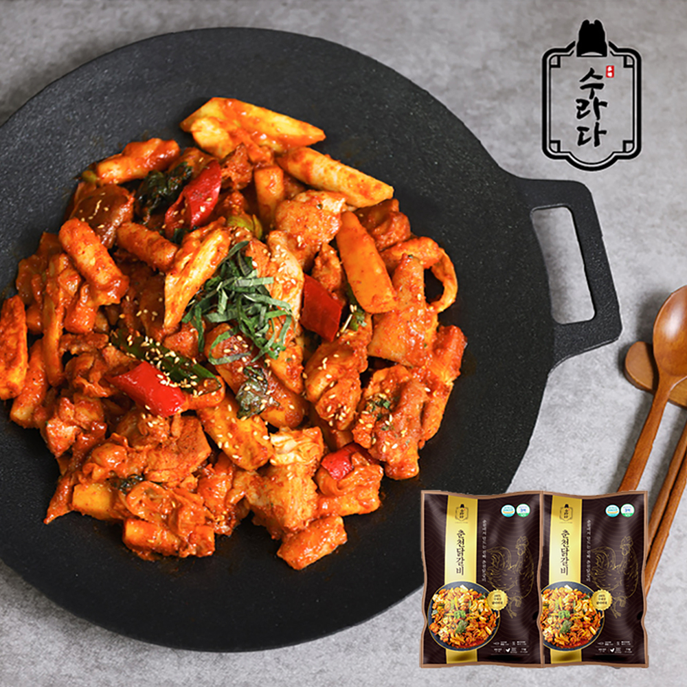 [수라다] 춘천 닭갈비 1kg + 1kg  밀키트,캠핑요리 (7~8인분) 우동사리,추가소스 증정 : 다미에프앤비