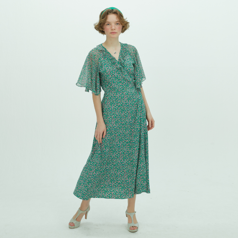 [핑크카티아조] 맥시 랩 드레스 그린 플라워 pink katiacho Maxi Wrap Dress Green Flower : katiacho