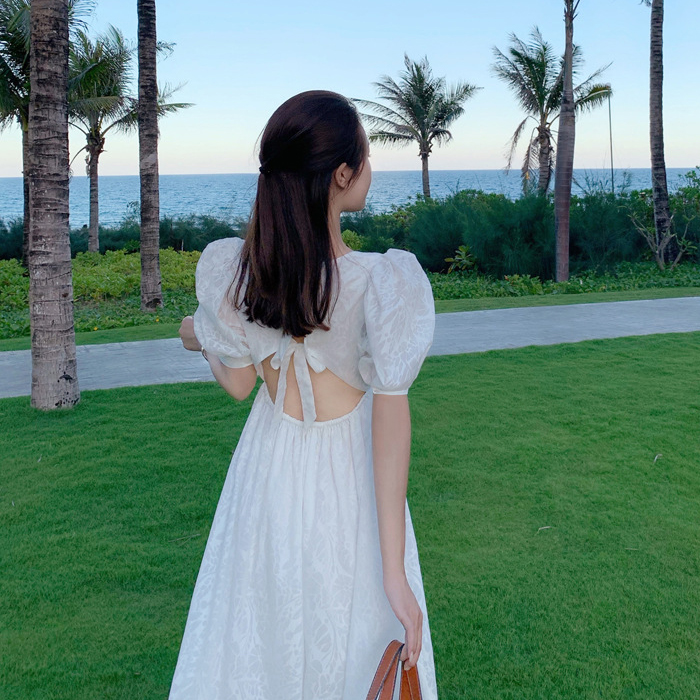 백리스 퍼프소매 화이트플라워 비치원피스 신혼여행 해변 여름 : 나인미호