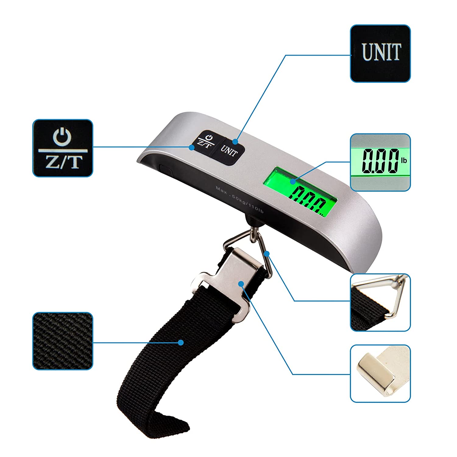 휴대용 디지털 LCD 디스플레이 110lb/50kg 전자 수하물 걸이 가방 여행용 무게 균형 도구 : CNE