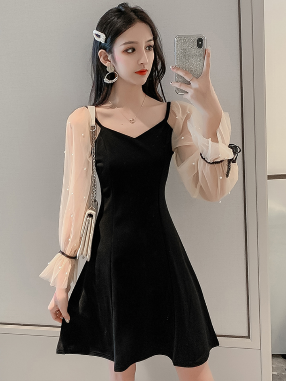 블랙 미니 원피스 봄 어 메쉬 구슬 연예인 팬 넥 : 하이제너